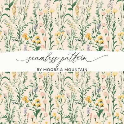 Floral Pattern Digital, Wildflower Seamless Design, Botanical Print JPG, Two Scale Repeat, Fabric Design, Paper Craft, Scrapbooking