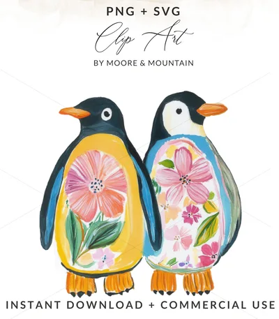 Floral Penguin Couple Digital Print, Cute Whimsical Penguin Painting Wall Art, Botanical Bird Poster, Folk Animal Couple Gift Nursery Decor