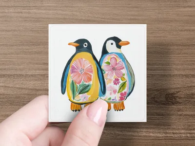 Floral Penguin Couple Digital Print, Cute Whimsical Penguin Painting Wall Art, Botanical Bird Poster, Folk Animal Couple Gift Nursery Decor