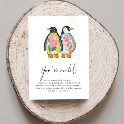 Floral Penguin Couple Digital Print, Cute Whimsical Penguin Painting Wall Art, Botanical Bird Poster, Folk Animal Couple Gift Nursery Decor
