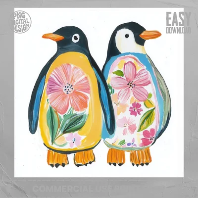 Floral Penguin Couple Digital Print, Cute Whimsical Penguin Painting Wall Art, Botanical Bird Poster, Folk Animal Couple Gift Nursery Decor