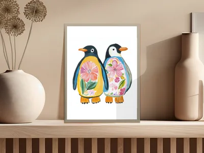 Floral Penguin Couple Digital Print, Cute Whimsical Penguin Painting Wall Art, Botanical Bird Poster, Folk Animal Couple Gift Nursery Decor