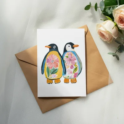 Floral Penguin Couple Digital Print, Cute Whimsical Penguin Painting Wall Art, Botanical Bird Poster, Folk Animal Couple Gift Nursery Decor
