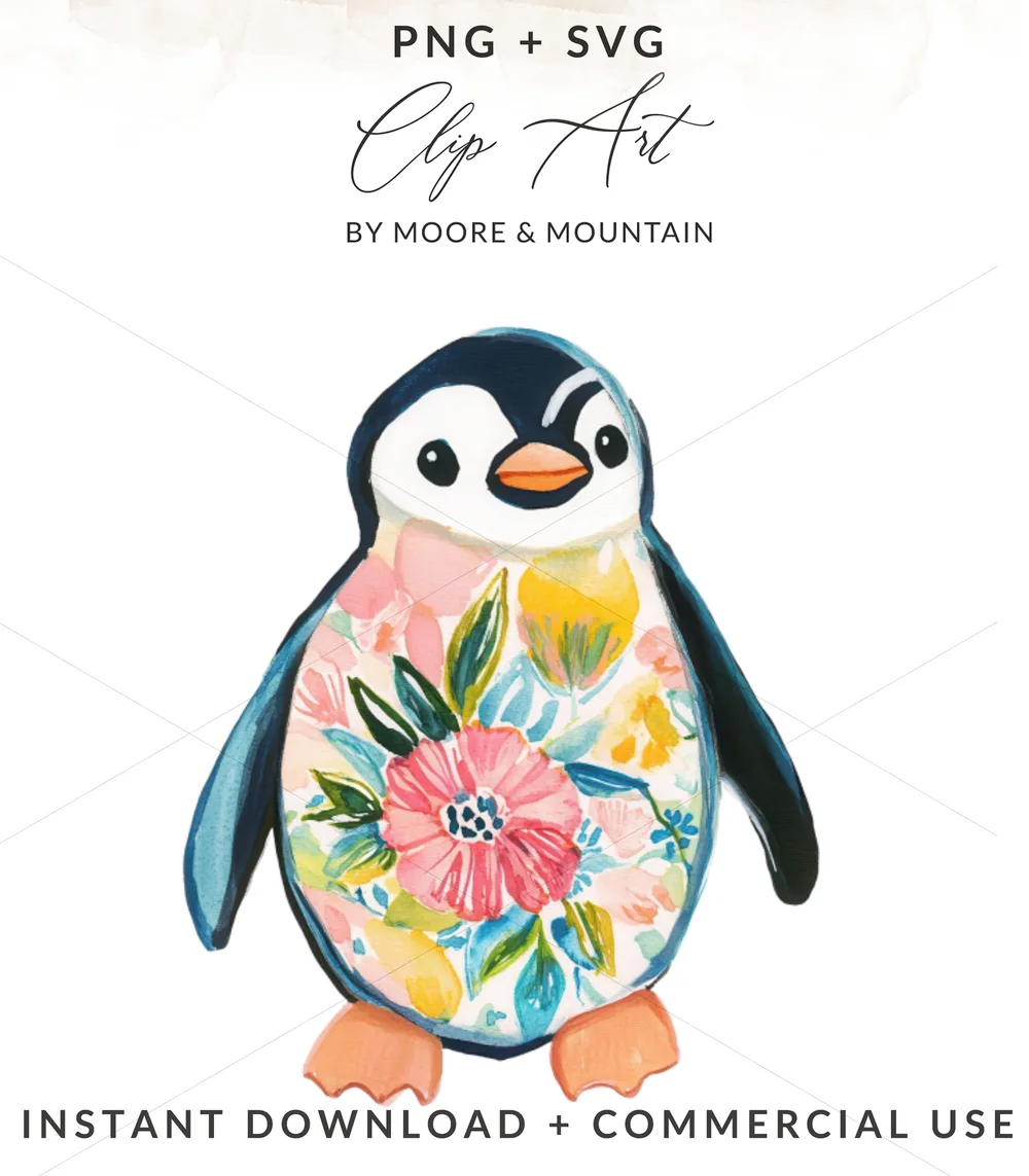 Floral Penguin PNG Clipart Digital Download, Cute Watercolor Penguin Sublimation Design, Whimsical Nursery Wall Art Printable File
