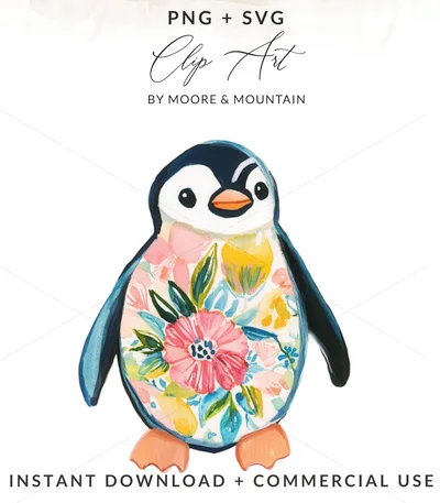 Floral Penguin PNG Clipart Digital Download, Cute Watercolor Penguin Sublimation Design, Whimsical Nursery Wall Art Printable File