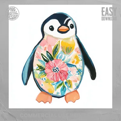 Floral Penguin PNG Clipart Digital Download, Cute Watercolor Penguin Sublimation Design, Whimsical Nursery Wall Art Printable File