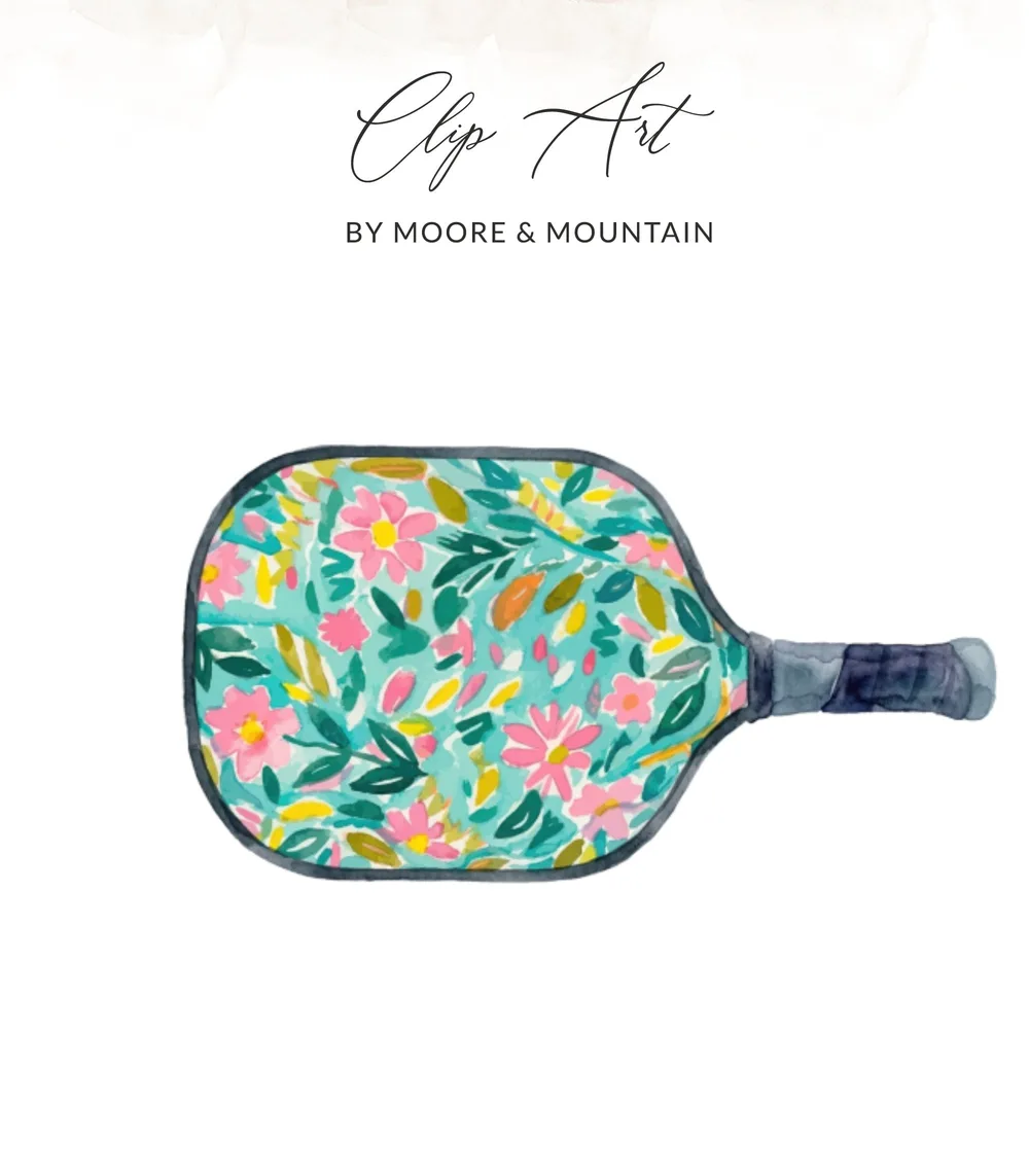 Pickleball paddle with a floral design in pink, yellow, and green on a teal background.