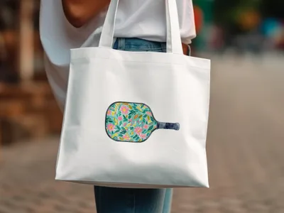 White canvas tote bag with a pickleball paddle featuring a floral watercolor design.