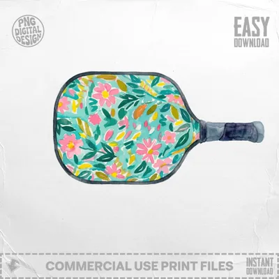 Watercolor pickleball paddle with floral pattern on teal background.