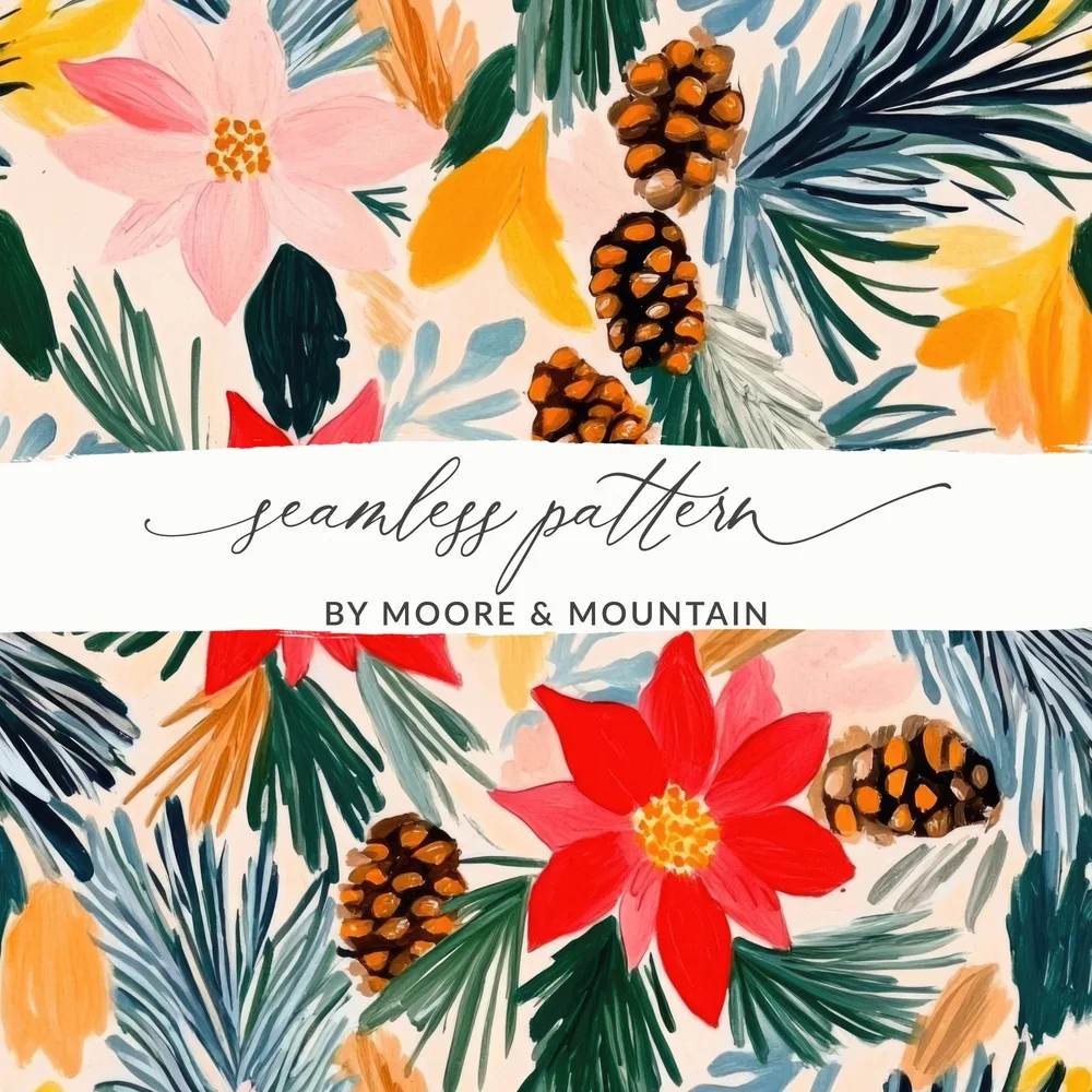 Floral Pine Cone Digital Paper, Christmas Flower Pattern, Winter Digital Paper, Seamless Pattern, 12x12 JPEG, Commercial Use Digital - Moore and Mountain