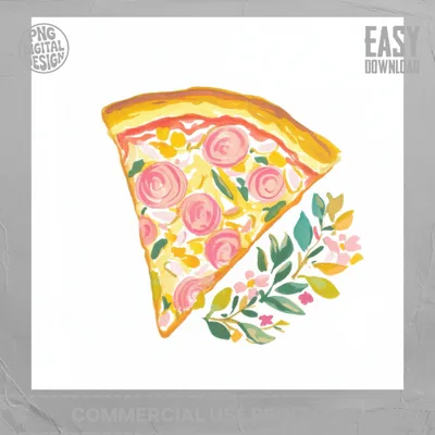 Slice of pizza with pink toppings and floral garnish, easy download.