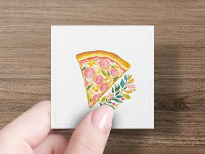 Slice of pizza with pink pepperoni and floral accents on a white card.