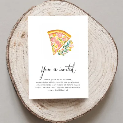 Wedding invitation with pizza illustration and "You're invited" text.
