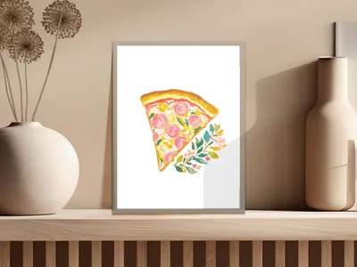 Slice of pepperoni pizza with floral accents in a framed artwork.
