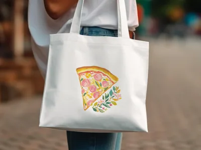 White canvas tote bag with watercolor pizza slice and floral design.