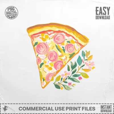 Slice of pizza with pink toppings and a sprig of flowers.