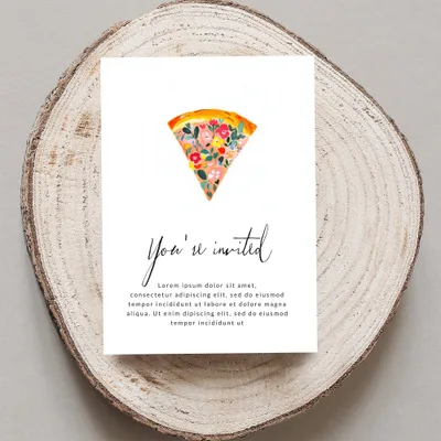 Invitation card with floral pizza slice and "You're invited" text.