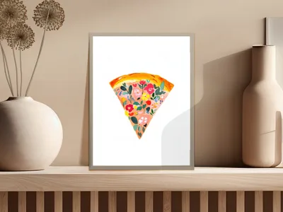 Watercolor slice of pizza with colorful floral pattern and a white border.