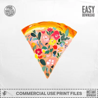 Watercolor slice of pizza with floral and fruit pattern.