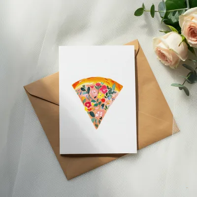 Card with floral slice of pizza illustration on brown envelope with roses.
