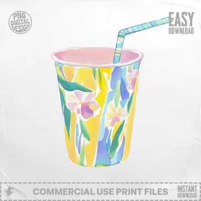 Watercolor illustration of a colorful cup with a straw, adorned with floral patterns.