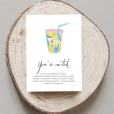 Invitation with floral cup and "You're invited" text.