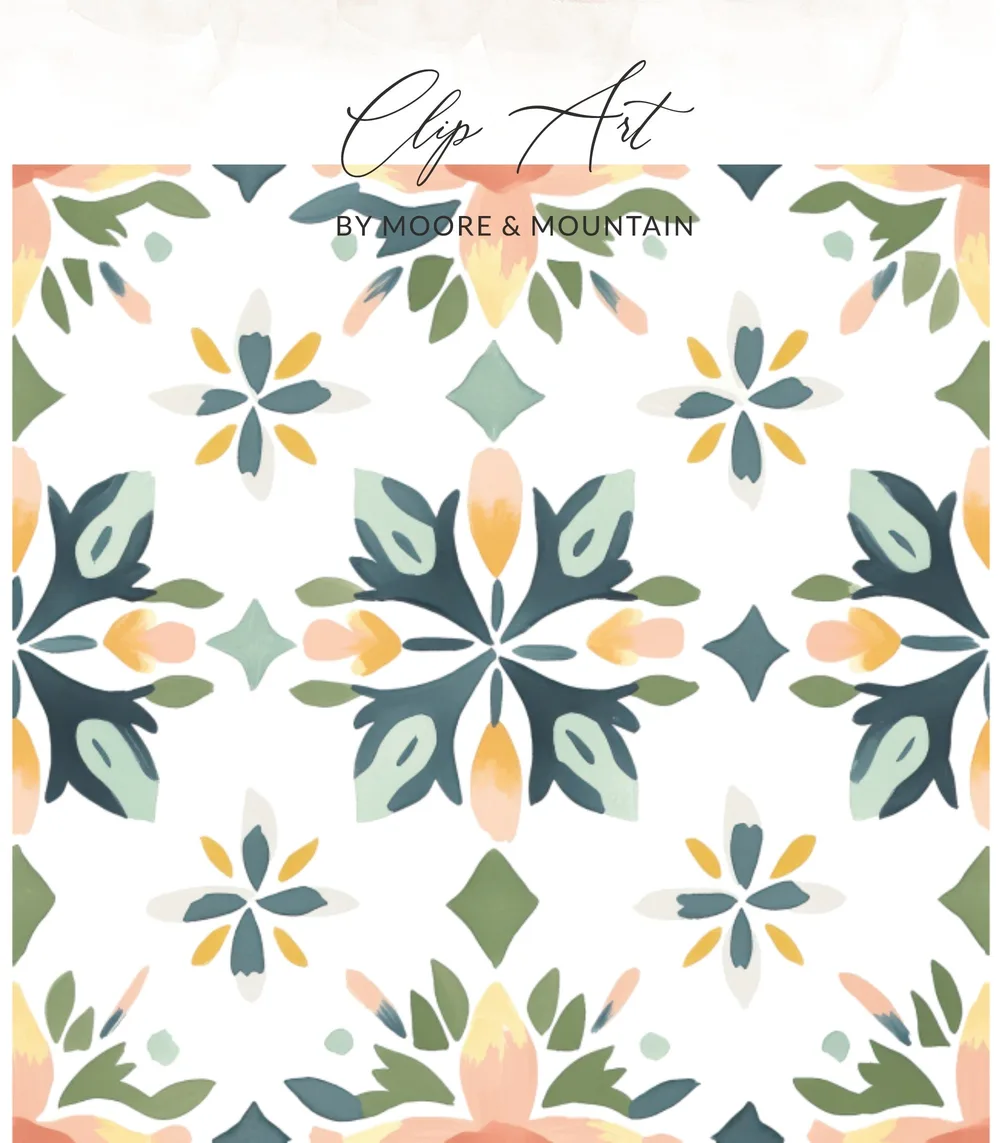 Floral repeating pattern with pastel colors, "Clip Art by Moore & Mountain".