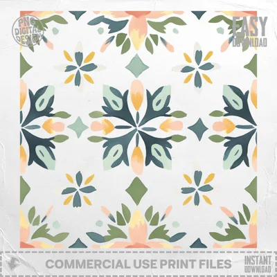 Seamless floral pattern with green, orange, and blue elements on a white background.