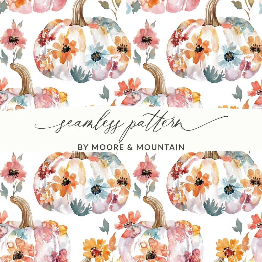 Floral Pumpkin Digital Paper, Watercolor Seamless Pattern, Autumn Fall Design, Scrapbook Paper, Fabric Design, Digital Download - Moore and Mountain