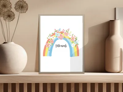 Rainbow art print with floral accents and "little miracle" text.