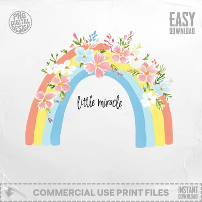 Rainbow with flowers and text "little miracle" on a white background.