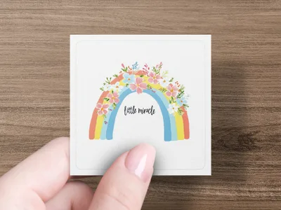 Square card with rainbow and floral design, text "little miracle".