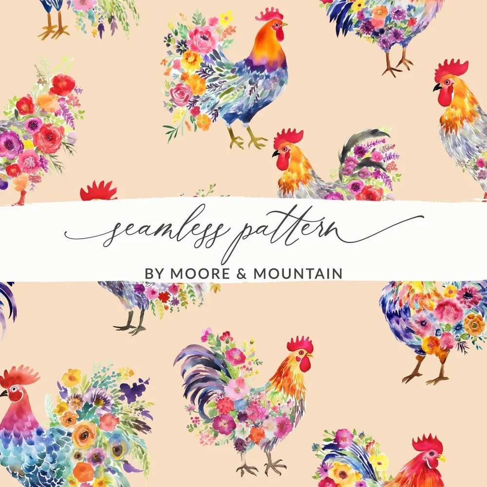 Floral Rooster Digital Paper, Watercolor Chicken Seamless Pattern, Farmhouse Animal Printable, Craft Digital Download, JPEG Files - Moore and Mountain