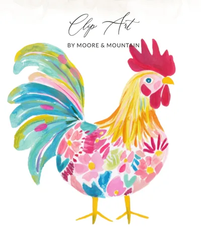Floral Rooster PNG SVG, Preppy Illustration, Colorful Girly Graphic, Vibrant Clipart Design, Watercolor Preppy Art, Tropical Prep, Y2K