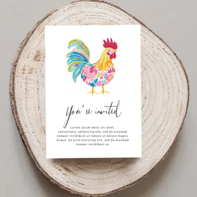 Invitation card with colorful rooster illustration and "You're invited" text.