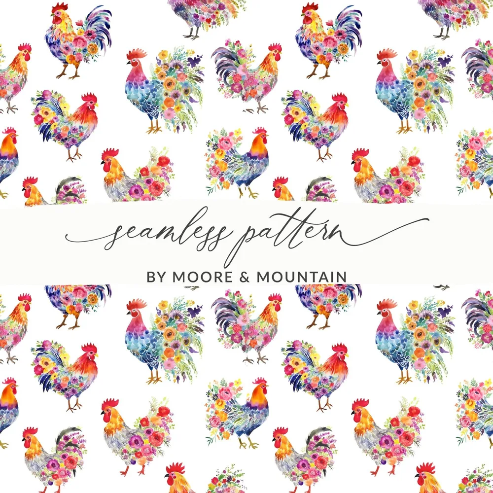Floral Rooster Seamless Pattern Digital Paper, Chicken Printable Background, Watercolor Animal Design, Fabric Design, Scrapbook Paper - Moore and Mountain