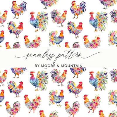 Floral Rooster Seamless Pattern Digital Paper, Chicken Printable Background, Watercolor Animal Design, Fabric Design, Scrapbook Paper