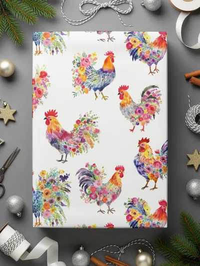 Floral Rooster Seamless Pattern Digital Paper, Chicken Printable Background, Watercolor Animal Design, Fabric Design, Scrapbook Paper - Moore and Mountain
