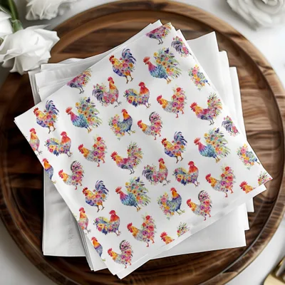 Floral Rooster Seamless Pattern Digital Paper, Chicken Printable Background, Watercolor Animal Design, Fabric Design, Scrapbook Paper - Moore and Mountain
