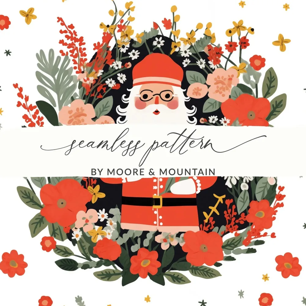 Floral Santa Claus Digital Seamless Pattern, Christmas JPEG Image, Holiday Digital Paper, Festive Design, Cute Santa Print, Repeat Pattern - Moore and Mountain