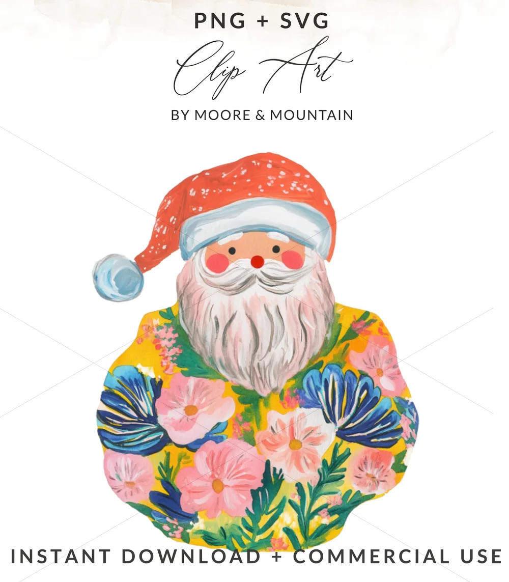 Floral Santa Claus PNG Digital Download, Whimsical Retro Christmas Sublimation Design, Colorful Holiday Clipart Printable Art