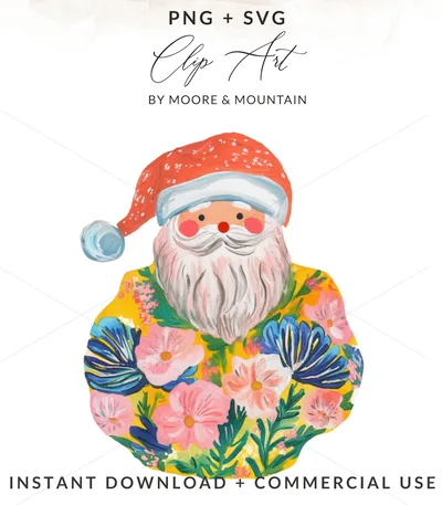 Floral Santa Claus PNG Digital Download, Whimsical Retro Christmas Sublimation Design, Colorful Holiday Clipart Printable Art