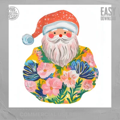 Floral Santa Claus PNG Digital Download, Whimsical Retro Christmas Sublimation Design, Colorful Holiday Clipart Printable Art
