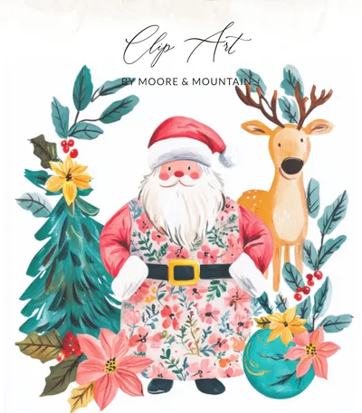 Floral Santa PNG Digital Download Vintage Christmas Clipart Whimsical Reindeer Sublimation Folk Art Holiday Botanical Poinsettia Design