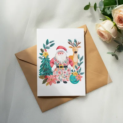 Floral Santa PNG Digital Download Vintage Christmas Clipart Whimsical Reindeer Sublimation Folk Art Holiday Botanical Poinsettia Design