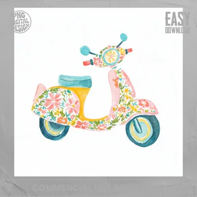 Watercolor illustration of a pink scooter with a yellow seat and floral pattern.