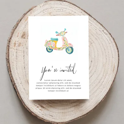 Invitation card with floral scooter and placeholder text.