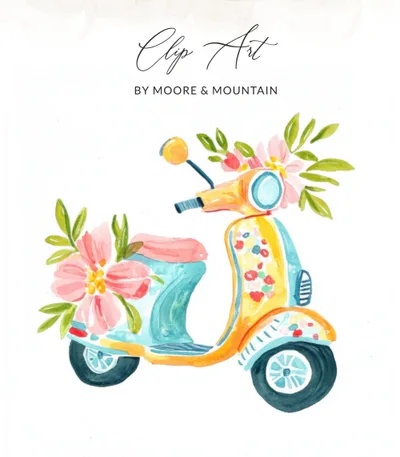 Floral Scooter Clipart SVG, Cute Vespa PNG, Watercolor Motorcycle Design, Preppy Girl Art, Trendy Sticker File, Cricut Cut File, Digital