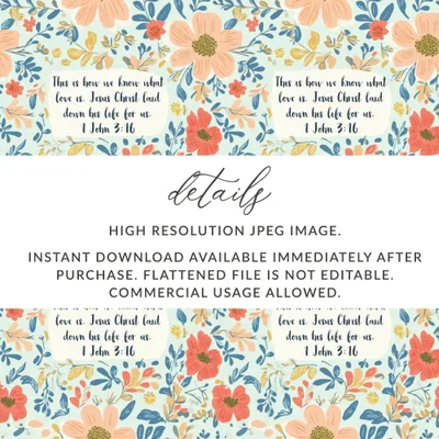 Floral Scripture Digital Paper, Christian Print, Seamless Pattern, 1 John 3 16, Commercial Use, Flower Design, Digital Download - Moore and Mountain
