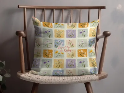 Floral Grid Design Pillow with Loved by the King Text